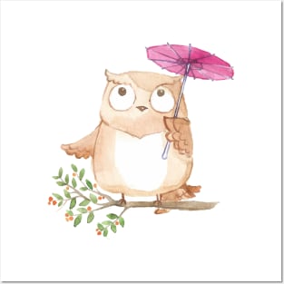 Cool Watercolor Owl In Rain Day Posters and Art